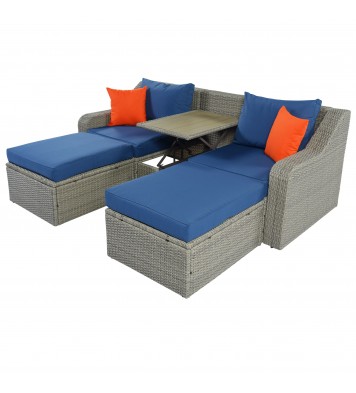 Patio Furniture Sets, 3-Piece Patio Wicker Sofa with Cushions, Pillows, Ottomans and Lift Top Coffee Table