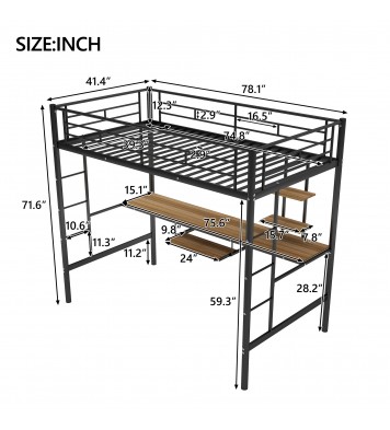 Loft Bed with Desk and Shelf ; Space Saving Design; Twin