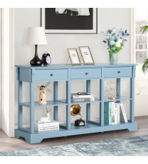 Console Sofa Table with Ample Storage; Retro Kitchen Buffet Cabinet Sideboard with Open Shelves and 3 Drawers; Accent Storage Cabinet for Entryway/Living Room Teal Blue Color