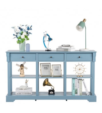 Console Sofa Table with Ample Storage; Retro Kitchen Buffet Cabinet Sideboard with Open Shelves and 3 Drawers; Accent Storage Cabinet for Entryway/Living Room Teal Blue Color