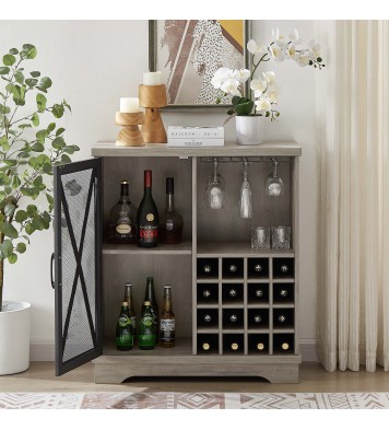 Single door wine cabinet with 16 wine storage compartments (Gray;  31.50" W*13.78" D*35.43" H)