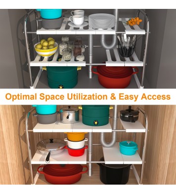 2 Tier Under Sink Organizer Retractable Kitchenware Rack Holders Space Saving Storage Shelf 55LBS Max Load