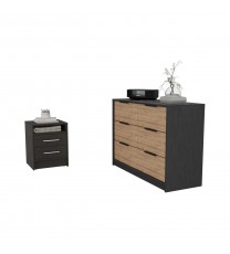 Benson 2 Piece Bedroom Set, Nightstand + Drawer Dresser, Black / Light Oak