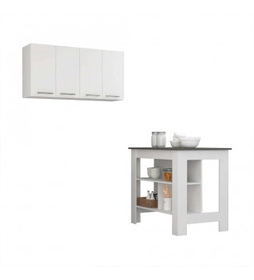 Caledon 2 Piece Kitchen Set, Kitchen Island + Upper Wall Cabinet , White /Walnut