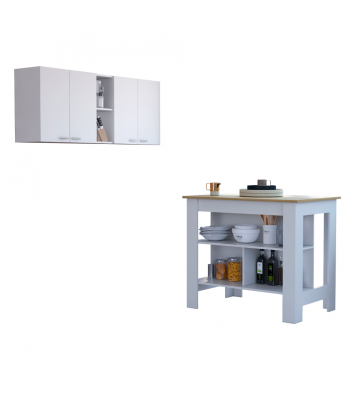 Austin 2 Piece Kitchen Set, Upper Wall Cabinet + Kitchen Island , White /Walnut