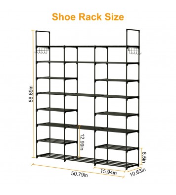 8-Tier 3-Row Shoe Rack Metal Shoe Storage Shelf Free Standing Large Shoe Stand 42 Pairs Shoe Tower Unit Tall Shoe Organizer with 2 Hooks for Entryway Closet Garage Bedroom