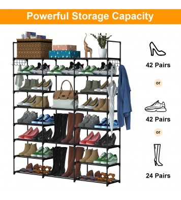 8-Tier 3-Row Shoe Rack Metal Shoe Storage Shelf Free Standing Large Shoe Stand 42 Pairs Shoe Tower Unit Tall Shoe Organizer with 2 Hooks for Entryway Closet Garage Bedroom