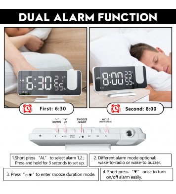 FM Radio LED Digital Smart Alarm Clock Watch Table Electronic Desktop Clocks USB Wake Up Clock with 180° Time Projection Snooze