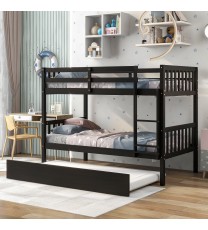 Twin Over Twin Bunk Beds with Trundle; Solid Wood Trundle Bed Frame with Safety Rail and Ladder; Kids/Teens Bedroom; Guest Room Furniture; Can Be converted into 2 Beds; Espresso