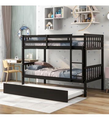 Twin Over Twin Bunk Beds with Trundle; Solid Wood Trundle Bed Frame with Safety Rail and Ladder; Kids/Teens Bedroom; Guest Room Furniture; Can Be converted into 2 Beds; Espresso