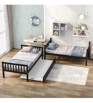 Twin Over Twin Bunk Beds with Trundle; Solid Wood Trundle Bed Frame with Safety Rail and Ladder; Kids/Teens Bedroom; Guest Room Furniture; Can Be converted into 2 Beds; Espresso