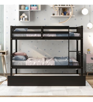 Twin Over Twin Bunk Beds with Trundle; Solid Wood Trundle Bed Frame with Safety Rail and Ladder; Kids/Teens Bedroom; Guest Room Furniture; Can Be converted into 2 Beds; Espresso