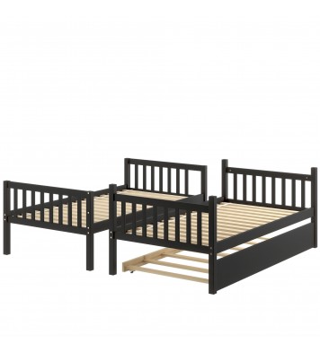 Twin Over Twin Bunk Beds with Trundle; Solid Wood Trundle Bed Frame with Safety Rail and Ladder; Kids/Teens Bedroom; Guest Room Furniture; Can Be converted into 2 Beds; Espresso