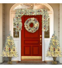 Pre-lit Xmas Tree Artificial Christmas 4-Piece Set,Garland, Wreath and Set of 2 Entrance Trees X-mas