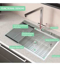 Workstation 33-inch Drop-In 16 Gauge Kitchen Sink R10 Radius Stainless Steel Kitchen Sink Single Bowl with Intergrated Ledge & Accessories (Pack of 5) -33"x22"x10"