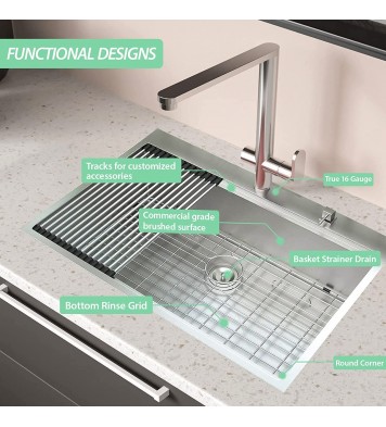 Workstation 33-inch Drop-In 16 Gauge Kitchen Sink R10 Radius Stainless Steel Kitchen Sink Single Bowl with Intergrated Ledge & Accessories (Pack of 5) -33"x22"x10"