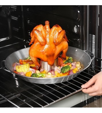 1pc Stainless Steel Round Roasting Pan; Chicken Roaster Rack Holder; 12.4inch/31.5cm; Thanksgiving Gift; Dishwasher Safe