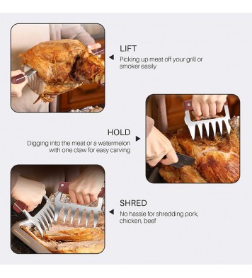 LMETJMA Bear Claws Stainless Steel BBQ Meat Shredder Claws with Wooden Handle Bottle Opener Turkey Chicken Claws KC0423