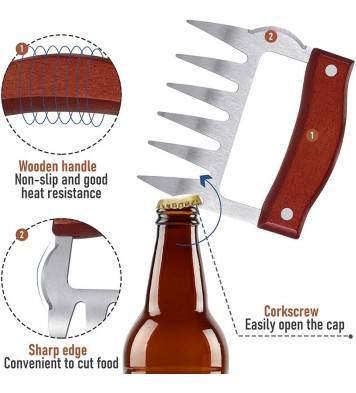 LMETJMA Bear Claws Stainless Steel BBQ Meat Shredder Claws with Wooden Handle Bottle Opener Turkey Chicken Claws KC0423