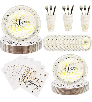 112PCS Bronzing Gold Happy Birthday Paper Plates Party Supplies Pack Disposable Tableware Set for Kids Serves 16 Guests Include Plates; Cups; Napkins; Forks; Knives; Spoons