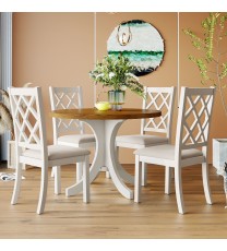 Mid-Century Solid Wood 5-Piece Round Dining Table Set;  Kitchen Table Set with Upholstered Chairs for Small Places