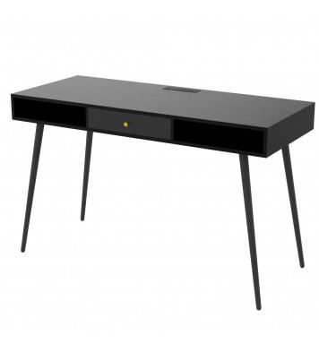 Mid Century Desk with USB Ports and Power Outlet, Modern Writing Study Desk with Drawers, Multifunctional Home Office Computer Desk Black