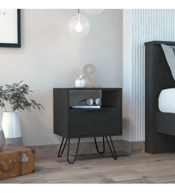 Nightstand Skyoner, Single Drawer, Hairpin Legs, Black Wengue Finish