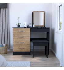 Makeup Dressing Table Roxx, Four Drawers, One Mirror, Stool, Black Wengue / Pine Finish