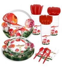 Red Watercolor Mushroom Paper Plates Party Supplie Plates and Napkins Birthday Disposable Tableware Set Party Dinnerware Serves 8 Guests for Plates, Napkins, Cups 68PCS