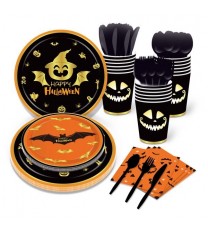 Halloween Pumpkin Blood Hand Bat Paper Plates Party Supplie Plates and Napkins Birthday Disposable Tableware Set Party Dinnerware Serves 8 Guests for Plates, Napkins, Cups 68PCS