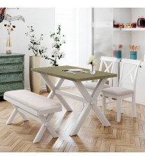 4 Pieces Farmhouse Rustic Wood Kitchen Dining Table Set with Upholstered 2 X-back Chairs and Bench,Gray Green+White+Beige