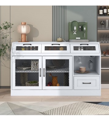 Kitchen Sideboard Multifunctional Buffet Cabinet with 4 Drawers, Mesh Metal Doors with Adjustable Shelves and Wineglass Holders