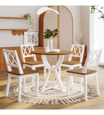 Mid-Century 5-Piece Round Dining Table Set with Trestle Legs and 4 Cross Back Dining Chairs