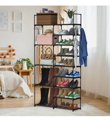 9 Tiers Plus 5 Tiers Shoe Rack Metal Shoe Storage Shelf Free Standing Large Shoe Stand 28+ Pairs Shoe Tower Unit Tall Shoe Organizer with Side Hooks for Entryway Closet Garage Bedroom