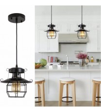 Vintage Farmhouse Pendant Light Rustic Metal Caged Pendant Lights Black Cage Hanging Lamp for Kitchen Island Entryway Bedrooms Living Room Barn,Adjustable Height,E26 Bulb(1 Light)