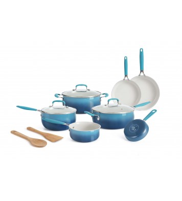 12-Pieces Porcelain Enamel Classic Ceramic Cookware Set, Ombre Teal