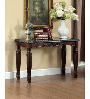 Traditional Espresso Solid wood Sofa Table Faux Marble Top Intricate design Living Room Furniture