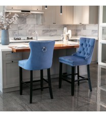 A&A Furniture,Contemporary Velvet Upholstered Barstools with Button Tufted Decoration and Wooden Legs, and Chrome Nailhead Trim, Leisure Style Bar Chairs,Bar stools, Set of 2 (Blue) 1902BL