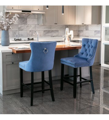 A&A Furniture,Contemporary Velvet Upholstered Barstools with Button Tufted Decoration and Wooden Legs, and Chrome Nailhead Trim, Leisure Style Bar Chairs,Bar stools, Set of 2 (Blue) 1902BL