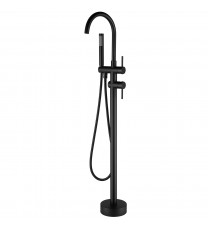 Double-Handle Freestanding Floor Mount Roman Tub Faucet Bathtub Filler with Hand Shower in Matte Black