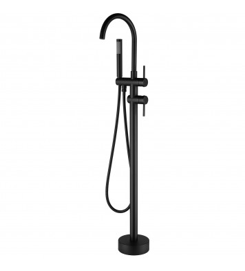 Double-Handle Freestanding Floor Mount Roman Tub Faucet Bathtub Filler with Hand Shower in Matte Black