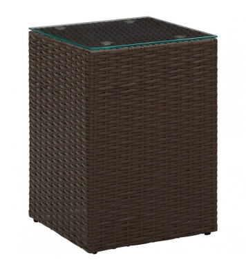 Side Table with Glass Top Brown 13.8"x13.8"x20.5" Poly Rattan