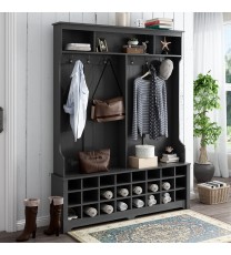 ON-TREND Modern Style Multiple Functions Hallway Coat Rack with Metal Black Hooks, Entryway Bench 60" Wide Hall Tree with Ample Storage Space and 24 Shoe Cubbies , Black (OLD SKU: WF286983AAB )