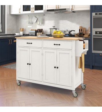 Kitchen Island Cart with Solid Wood Top and Locking Wheels,54.3 Inch Width,4 Door Cabinet and Two Drawers,Spice Rack, Towel Rack (White)