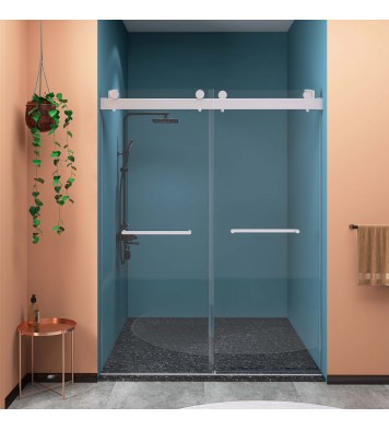 Frameless Double Sliding Shower, 69" - 72" Width, 79" Height, 3/8" (10 mm) Clear Tempered Glass, , Designed for Smooth Door with Clear Tempered Glass and Stainless Steel Hardware Brushed Nickel