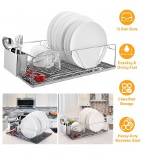 Dish Drying Rack Stainless Steel Dish Rack w/ Drainboard Cutlery Holder Kitchen Dish Organizer