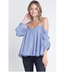 Women's Cold Shoulder Checkered Top