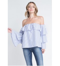 Women's Off Shoulder Stripe Ruffle Long Sleeve Top