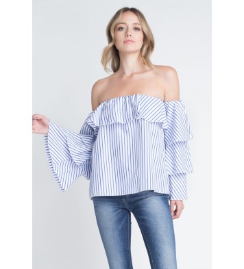 Women's Off Shoulder Stripe Ruffle Long Sleeve Top