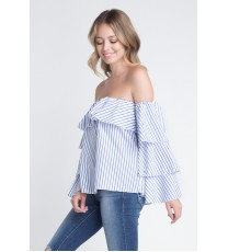 Women's Off Shoulder Stripe Ruffle Long Sleeve Top